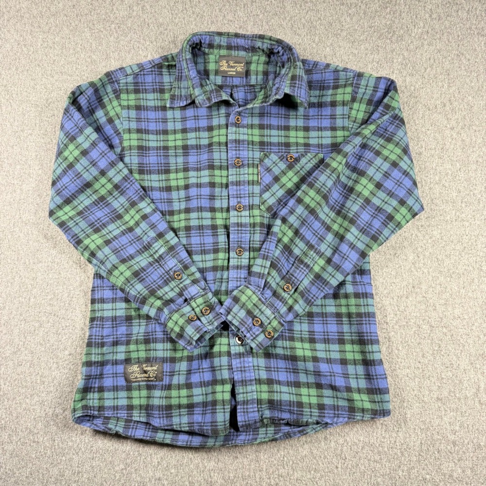 The Vermont Flannel Co Mens Large Blue Green Plaid Button Down Flannel Shirt